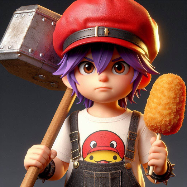 大きなハンマーとコロッケを持っている少年