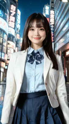 動画🎦ネオン輝く夜の街で微笑む制服の君