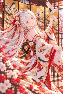 金屏風に舞う千羽の鶴 ～和服姿の私に、鶴さんたちが大集合！？～