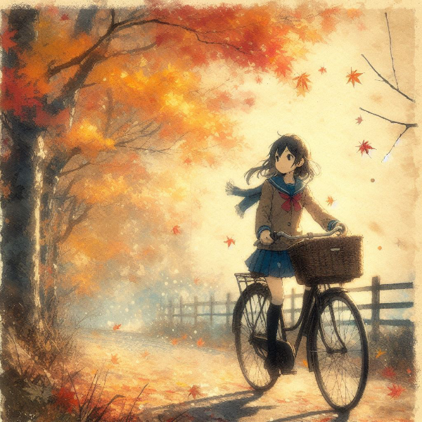 紅葉の道を走る自転車の女の子