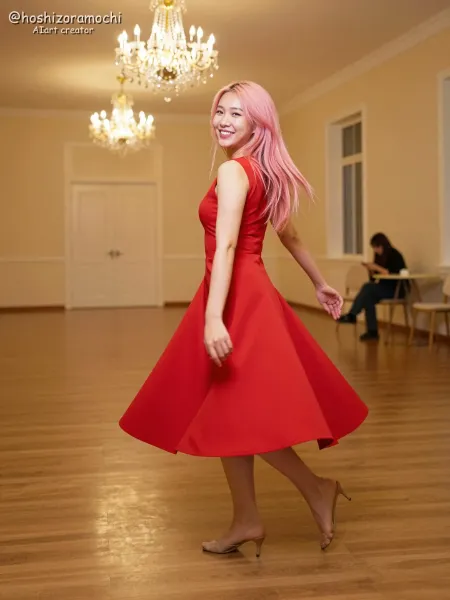 淡いピンクの髪が舞う、赤いドレスの微笑みの瞬間 "A Moment of Smile in a Red Dress, Where Soft Pink Hair Dances"