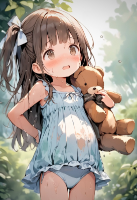 クマのぬいぐるみを抱えた汗だく少女