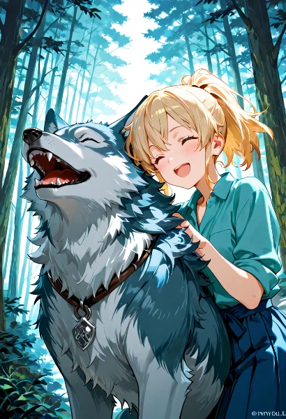 森の少女と青狼の絆の瞬間