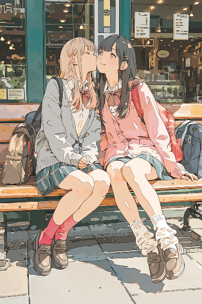 カフェ前のベンチで