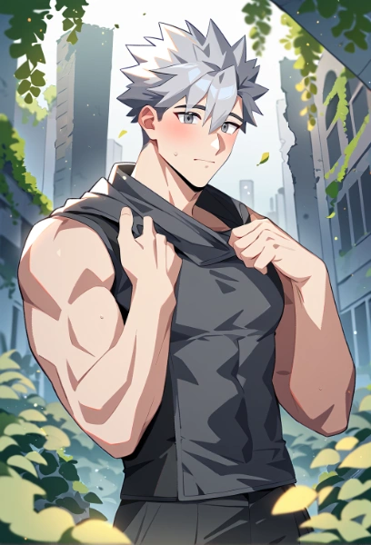 廃墟となった街で暮らす筋肉質の男性