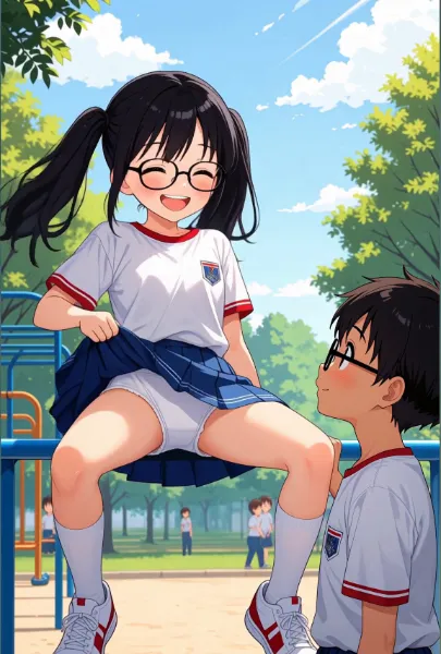 パンツを見せて男の子をからかう眼鏡ロリっ娘