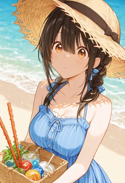 夏の海辺で待つ、彼女の特別な午後