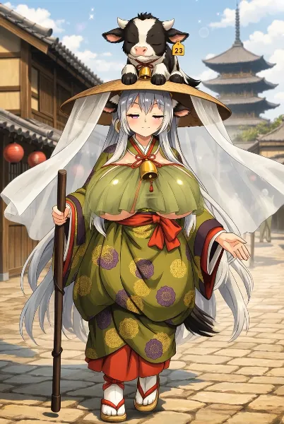 壺装束で旅をする牛柄さんと市女笠に乗る牛