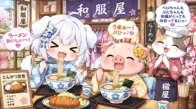 ペロちゃん、豚ちゃん和服を着て、ラーメンを食べる