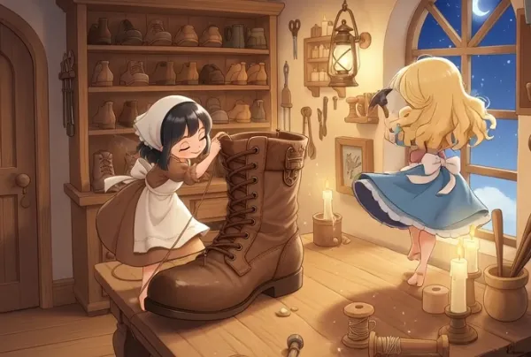 黒髪＆ブロンド・踊りながら靴の修理