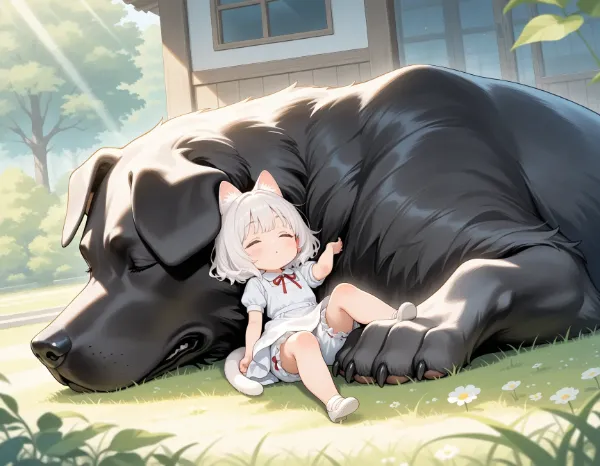 白猫と黒犬・お昼寝