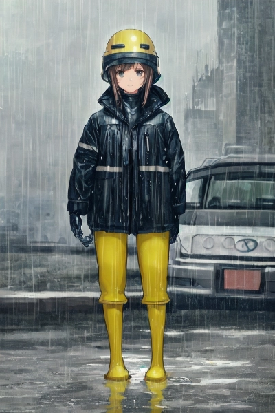 雨の日の美しい女性作業員