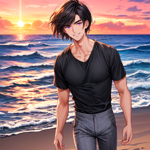 笑顔な黒髪短髪男性と、夏の終わりの海…(5枚)