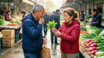 朝市の喧騒の中で交わす無言の会話