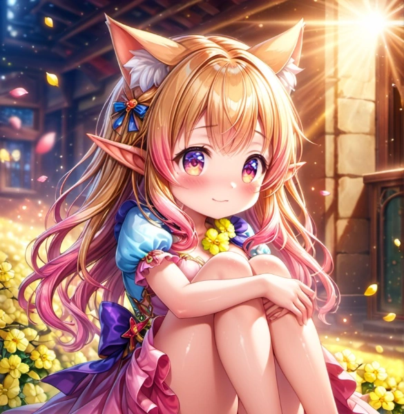 花に包まれるケモ耳エルフちゃん