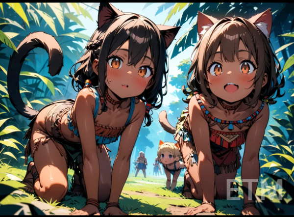 観察用の固定カメラに興味津々な原住民ちゃん達