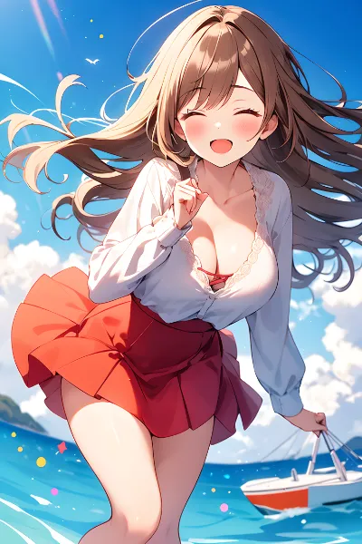 白の長袖ブラウスに赤いハイウエストスカートのお姉さん