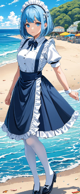 海と青髪ウエイトレスさん