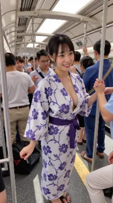 目的地までは電車で移動。暑かったので電車の中でちょっと浴衣の胸元緩めてw　もぉドキドキする♥