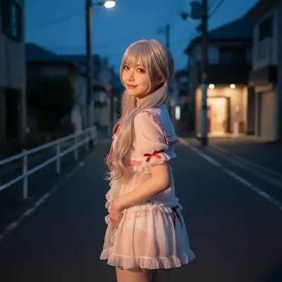 夜の街角、銀髪少女の微笑み