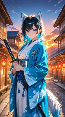 夕焼けの古都を護る青狐の剣士