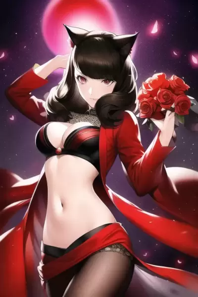 ペルソナ5風の和風の猫耳、ヘソ出しダンサーです。