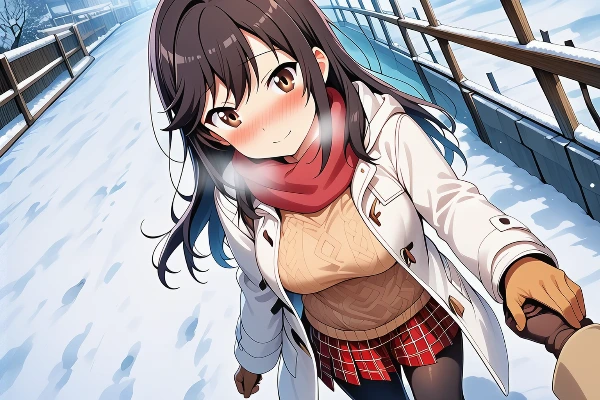 雪の田舎道で、ほたるんが振り返る