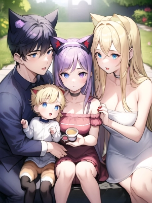 家族が楽しく公園で抱き合う幸せなイラスト。