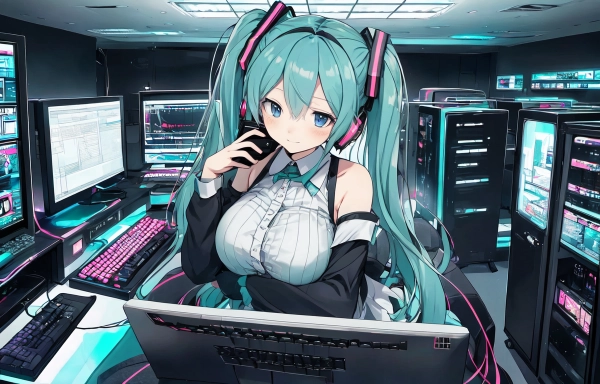 パソコンルームでスマホゲームする初音ミク