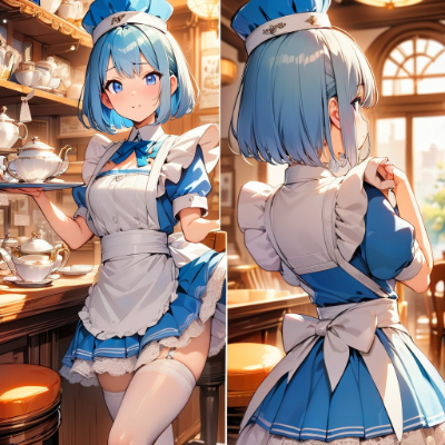 背中がキュートな青髪ウエイトレスさん