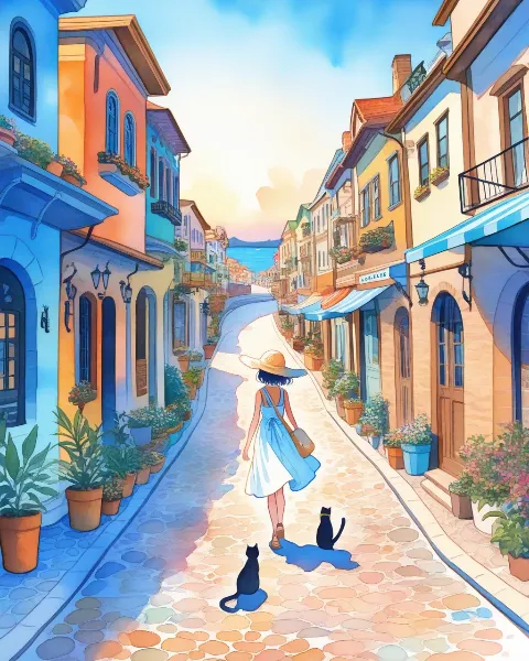 猫たちと歩く海辺の陽光路地