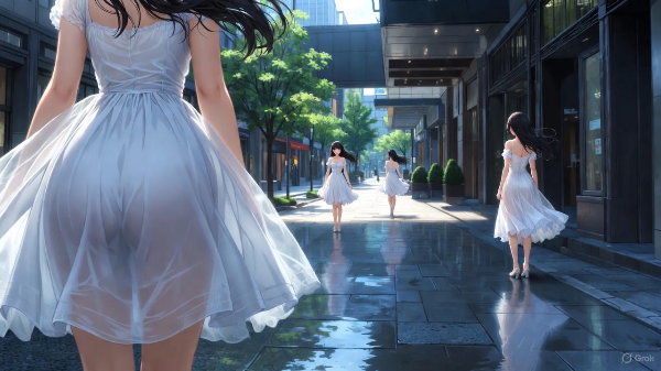 雨上がりの街に舞う白い幻影