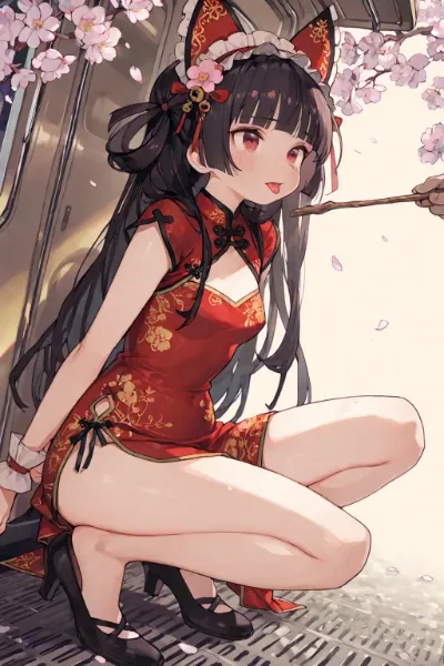 桜と猫耳チャイナ娘