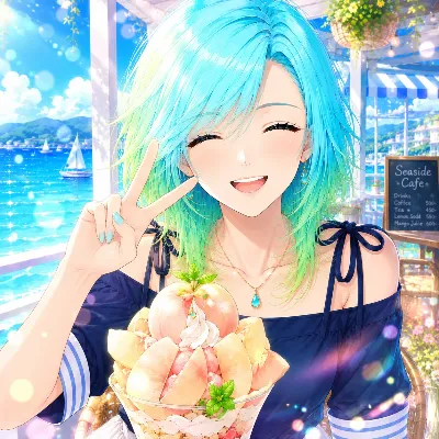 海辺のカフェでピースサイン