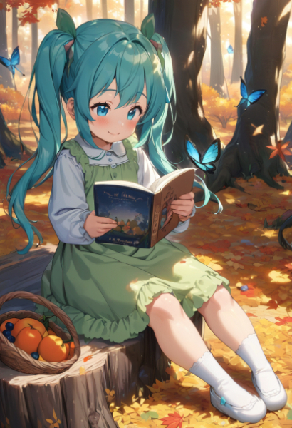 秋の森で読書する女の子