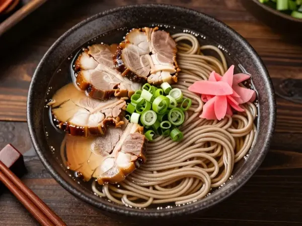 麵の色ォ！古い木の食卓で味わうソーキ蕎麦のぬくもり