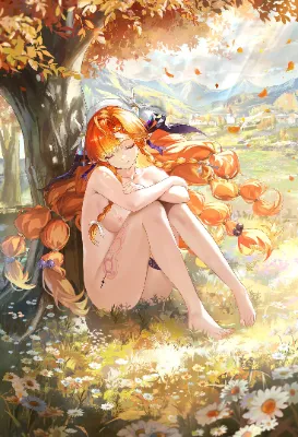 紅葉の木の下で美しいヌード姿で座っているシグリカ🍁