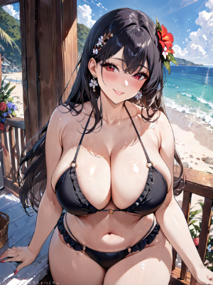 イヤリングと黒髪爆乳ビキニ美女