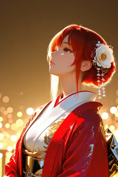 紅髪の美女と祭りの灯り