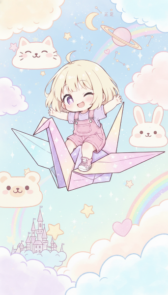折り鶴に乗り空を飛ぶ女の子
