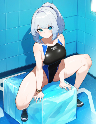 氷の上に座る競泳水着の女