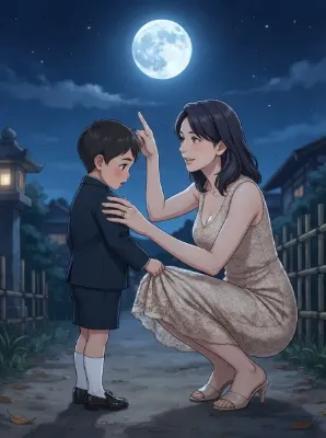 子供に満月を見せたい女性とおっぱいが気になる少年