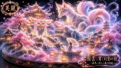 桜雲に舞う白狐と幻の舟