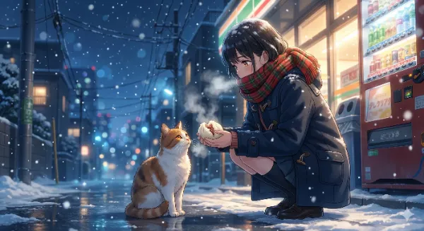 雪夜の出会い、少女と猫の温かな絆