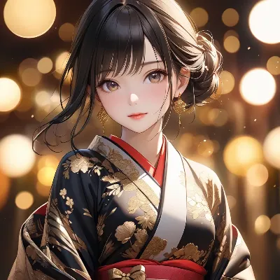 夜の灯りに輝く着物美人