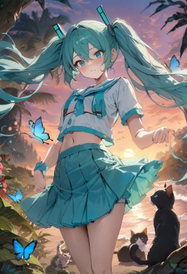 夕暮れの浜辺　猫と少女
