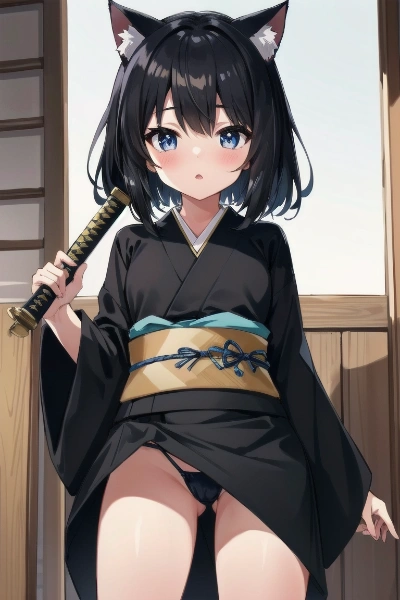 黒猫×少女×着物