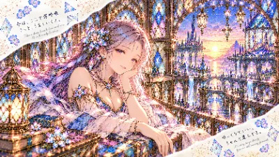 夕陽の水晶宮に佇む紫髪の乙女