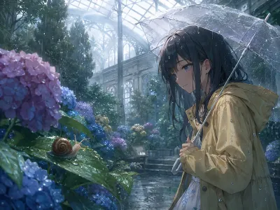 雨の温室でカタツムリと出会う少女