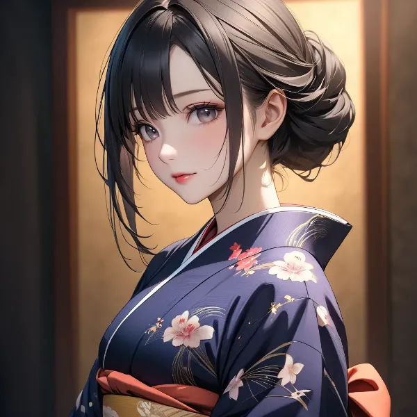 花咲く着物の優美な女性